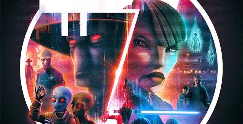 Asajj Ventress et Cad Bane en opposition dans un montage sombre, sabre laser rouge levé pour Ventress, posture menaçante pour Bane, silhouettes d’aliens et personnages secondaires, cercle lumineux central, fond noir contrasté, composition dynamique évoquant un duel et les bas-fonds galactiques