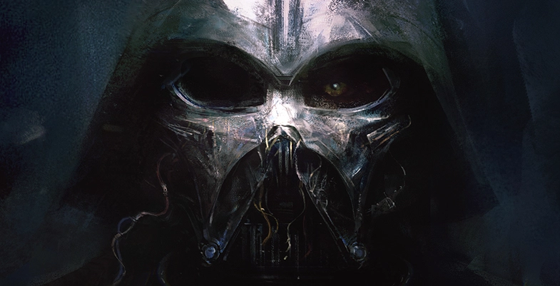 Illustration de Dark Vador avec son casque endommagé, montrant un œil humain et des câbles apparents – art conceptuel sombre de Star Wars.
