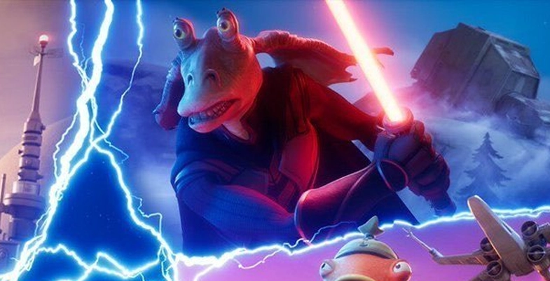 Dark Jar Jar avec un sabre laser à lame rouge sous un fond sombre entouré d'éclaires.