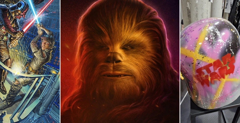 Montage d'une image avec Chewbacca et des œuvres Star Wars créées par des artistes.