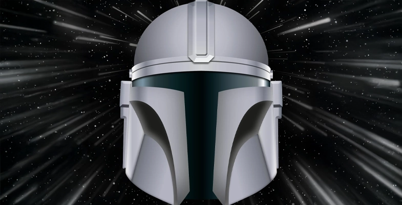 Image du casque de Din Djarin sous un fond étoilé.