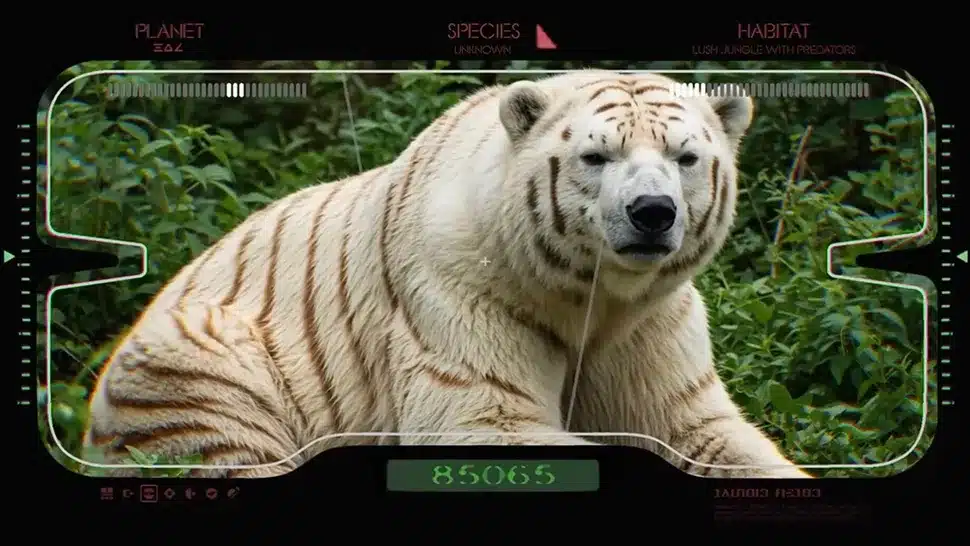 Image d'un ours avec des rayures marrons de zèbre dans un environnement forestier.