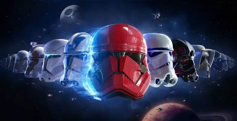 Image représentant plusieurs casques de soldats. On y voit Sith Trooper, Clone Trooper, Stormtrooper et bien d'autres.