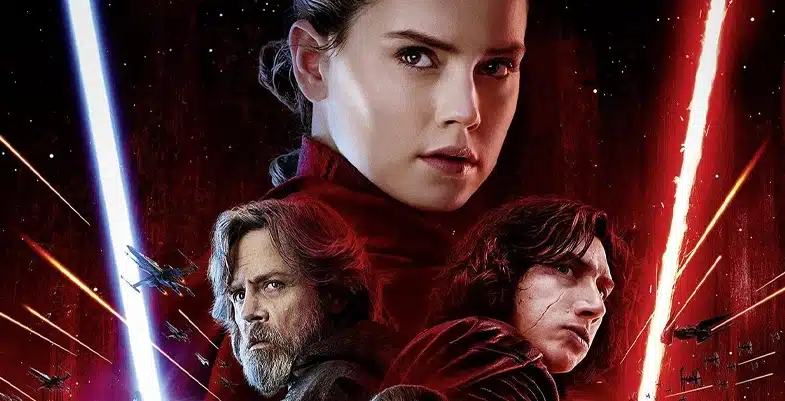 Affiche de Star Wars : Les Derniers Jedi avec Rey, Luke Skywalker et Kylo Ren.
