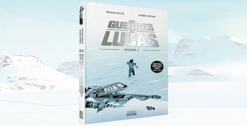 Couverture du livre Les Guerres de Lucas – Épisode II de Renaud Roche et Laurent Hopman. On y voit une scène enneigée avec un vaisseau inspiré de Star Wars et une silhouette de George Lucas, sur fond de montagnes glacées de Hoth.