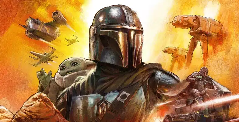 Affiche du film The Mandalorian & Grogu avec Din Djarin au centre en armure beskar, Grogu à ses côtés, et en arrière-plan des vaisseaux rebelles, des véhicules impériaux comme les AT-AT et divers personnages de l’univers Star Wars.