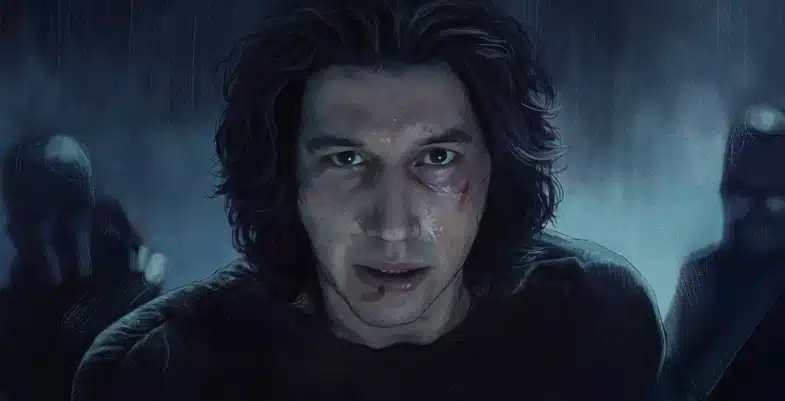 Ben Solo, le visage marqué de blessures et de sang, fixe droit devant lui sous une pluie froide. Derrière lui se tiennent les Chevaliers de Ren, menaçants dans l’ombre. L’image capture l’instant de tension avant leur affrontement sur Exegol.