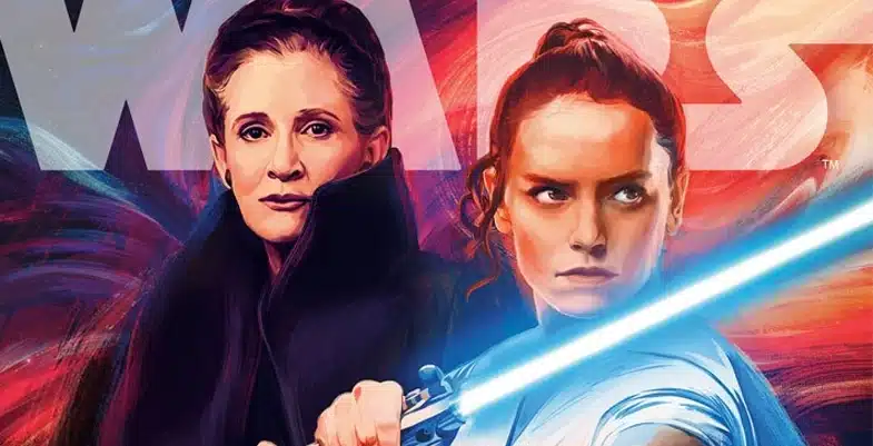 Couverture du roman Star Wars: Legacy mettant en avant Leia Organa à gauche, vêtue de noir, et Rey à droite, tenant un sabre laser bleu allumé. L’arrière-plan coloré évoque le logo Star Wars et symbolise la transmission entre les générations de Jedi.