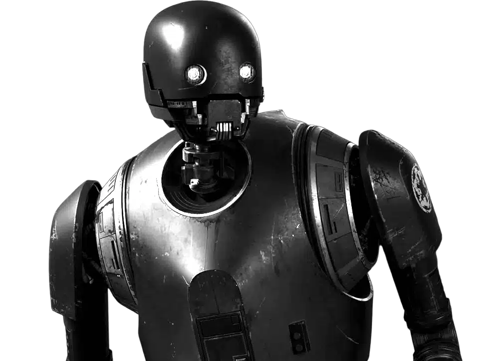 K-2SO en armure métallique sombre sur fond noir, tête inclinée, yeux lumineux blancs, détails mécaniques et impacts visibles sur le torse, portrait réaliste du droïde de sécurité impérial Star Wars