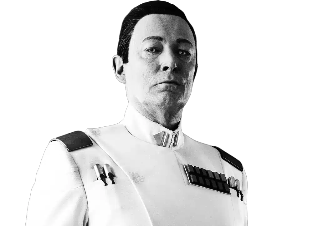 Grand Amiral Thrawn, uniforme impérial, posture de face, expression froide, plastron clair avec rangées de cylindres et boîtier sur la poitrine, fond noir contrasté, portrait promo série Star Wars Ahsoka