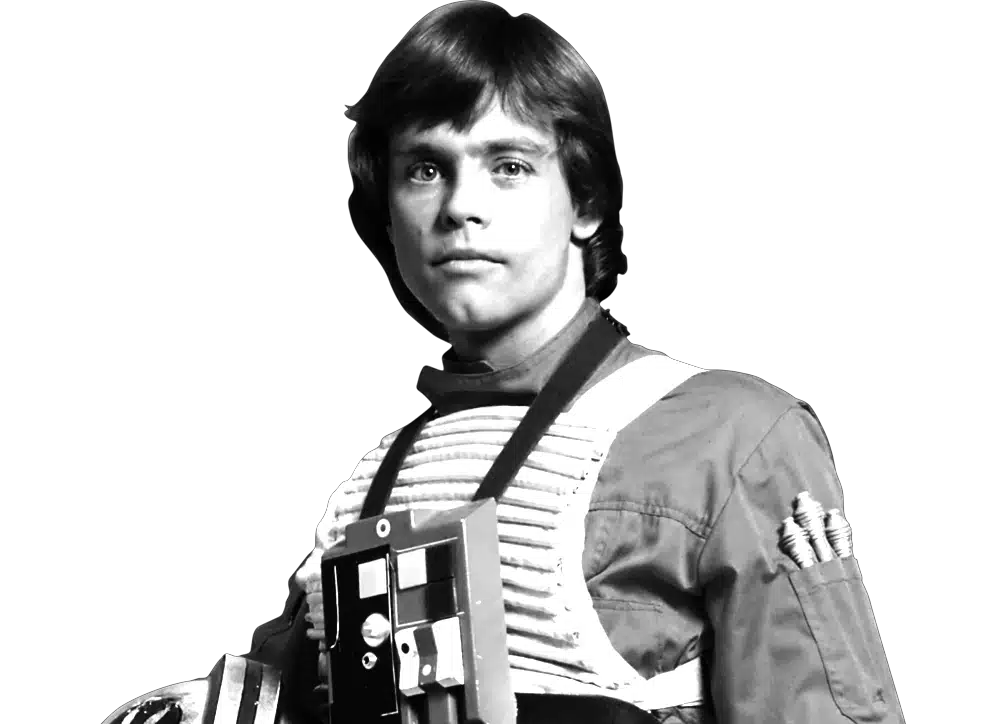 Luke Skywalker en gros plan, cheveux mi-longs, harnais et plastron clair avec boîtier de commande sur la poitrine, expression déterminée, fond noir contrasté, silhouettes de chasseurs X-wing et TIE en vol dans une scène promo Star Wars