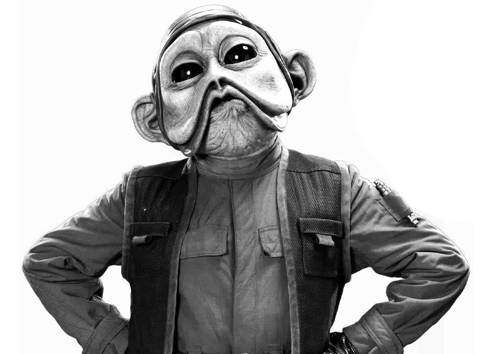 Nien Nunb, alien Sullustéen, yeux noirs brillants, tête légèrement inclinée, gilet et tenue de pilote rebelle, posture de face, fond noir contrasté, portrait réaliste Star Wars centré sur le personnage