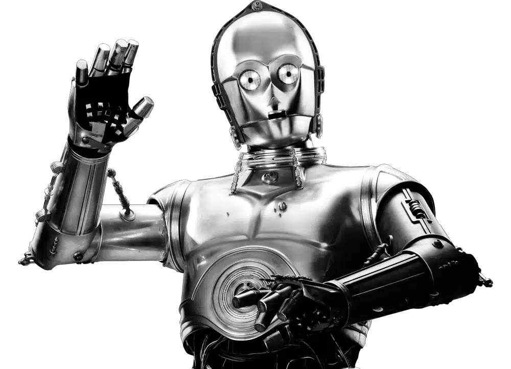 C-3PO en chrome argenté sur fond noir, bras levé comme pour saluer, détails mécaniques visibles, style réaliste sombre centré sur le droïde emblématique Star Wars, contraste fort et absence d’éléments narratifs secondaires