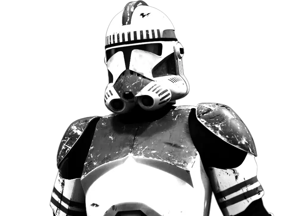 Clone de la Garde de Coruscant en armure, casque de clone avec marquages sombres, épaulières visibles, posture de face, fond noir contrasté, portrait illustrant un soldat clone Star Wars dans un style visuel réaliste
