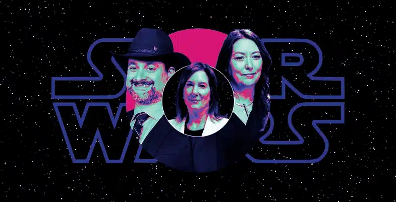 Visuel promotionnel Star Wars avec trois responsables de Lucasfilm, associés dans le contexte à Dave Filoni, Lynwen Brennan et Kathleen Kennedy. Trois portraits stylisés aux couleurs contrastées apparaissent sur un fond spatial, avec le logo Star Wars en arrière-plan.