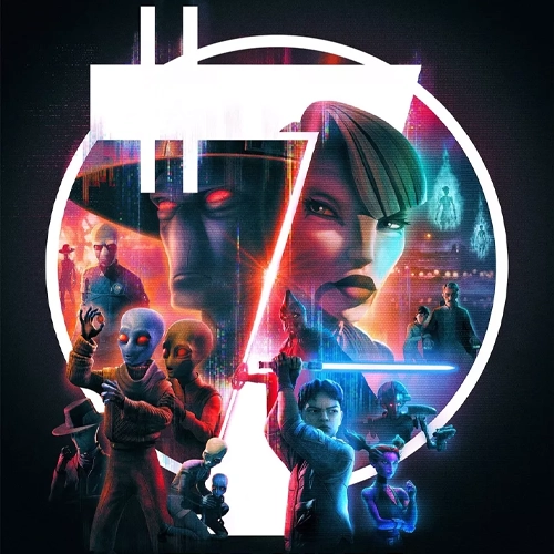 Asajj Ventress et Cad Bane en opposition dans un montage sombre, sabre laser rouge levé pour Ventress, posture menaçante pour Bane, silhouettes d’aliens et personnages secondaires, cercle lumineux central, fond noir contrasté, composition dynamique évoquant un duel et les bas-fonds galactiques