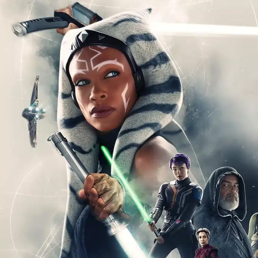 L'image montre Ahsoka Tano au centre, brandissant un sabre laser, avec Sabine Wren devant elle, tenant un sabre laser vert. À gauche d'Ahsoka se trouve Baylan Skoll, et le plus petit personnage est Morgan Elsbeth. En arrière-plan, des éléments galactiques et des vaisseaux ajoutent une touche épique de science-fiction.