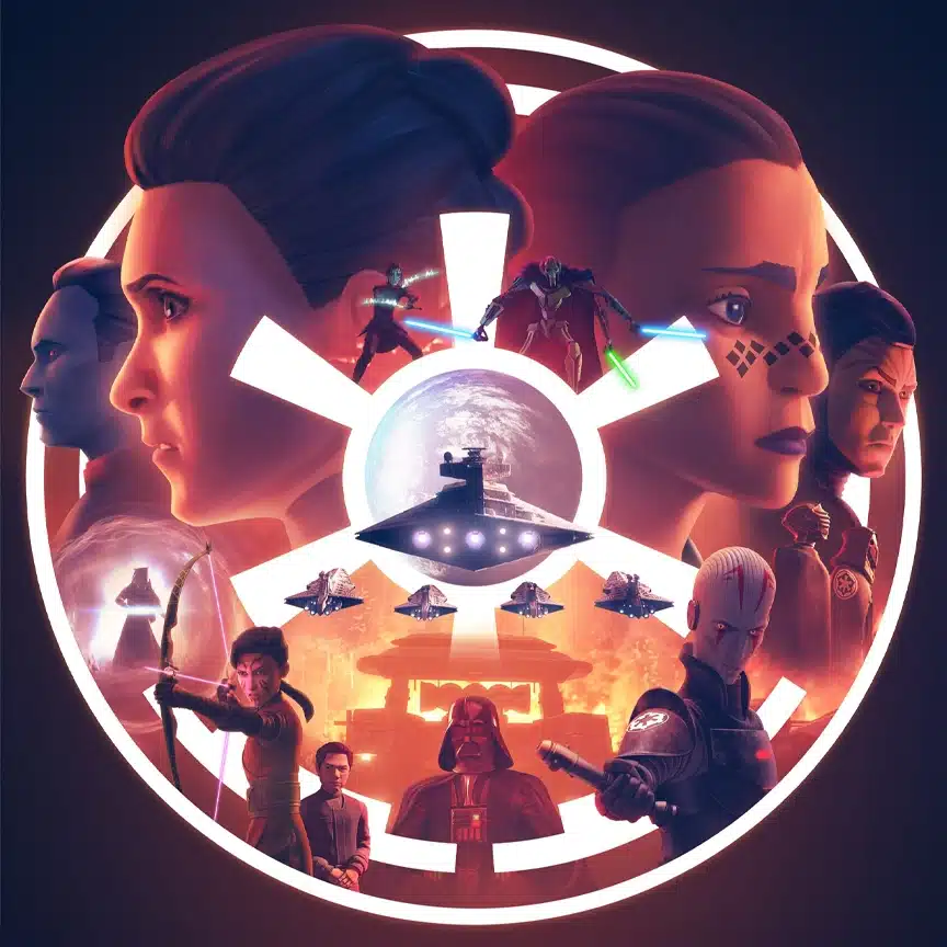 Illustration de personnages de Star Wars tels que Bariss Offee et Morgan Elsbeth en valeur, un croiseur stellaire, et divers vaisseaux de combat et le logo de l'Empire.