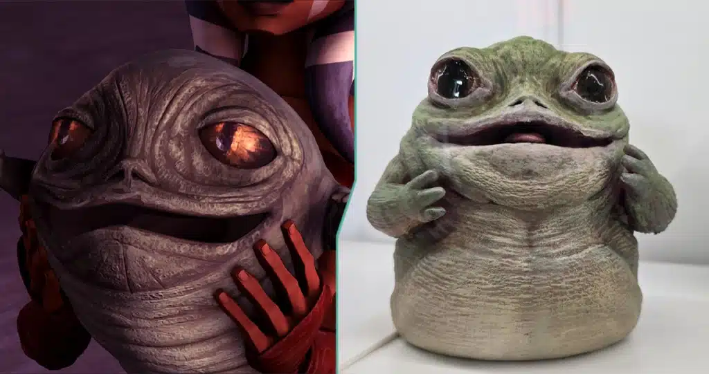 Rotta le Hutt en animation à gauche et Rotta le Hutt en live-action à gauche.