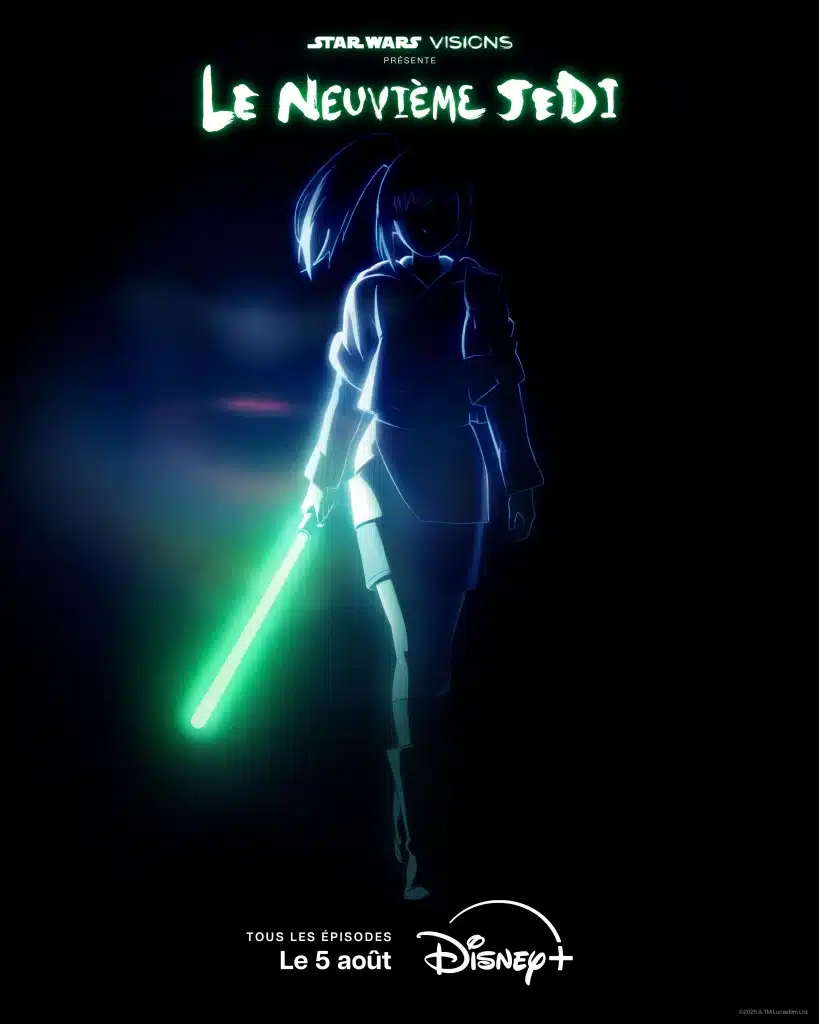 Silhouette de Kara sous un fond noir avec le logo Le neuvième Jedi en vert.