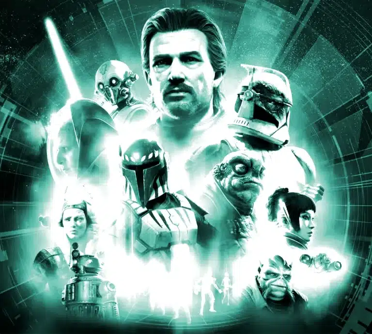 Affiche promotionnelle de Star Wars: Zero Company montrant un groupe de personnages sur un toit futuriste. On y voit un Jedi tenant un sabre laser vert, un droïde rouge, un clone en armure, un individu masqué, un personnage assis tenant un hologramme bleu, et un soldat en armure mandalorienne.